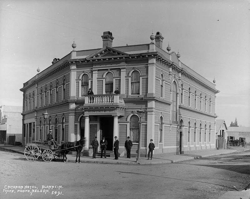The second Criterion Hotel, Blenheim — a grand Victorian building at 2 Market Street, c.1891. Tyree Photo, Nelson.