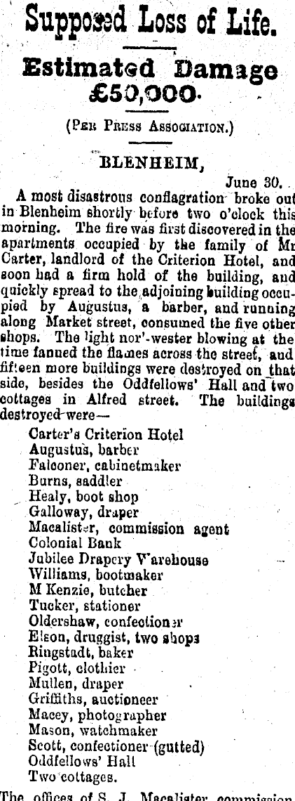 Newspaper report of the 1887 Blenheim fire — Supposed Loss of Life, Estimated Damage £50,000, listing Carter's Criterion Hotel among 20+ buildings destroyed