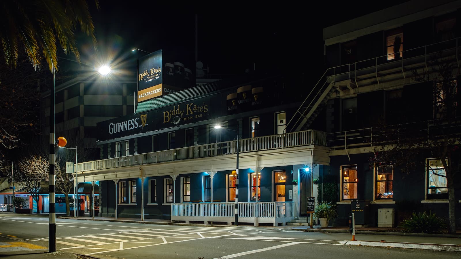 Biddy Kate's Cafe Bar at night, 2 Market Street Blenheim — the same corner that has housed a hotel since 1884